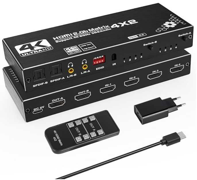 Matrix HDMI 4x2 Przełącznik 4K 60Hz Obsługa HDCP 2.2, EDID, HDR, Pilot