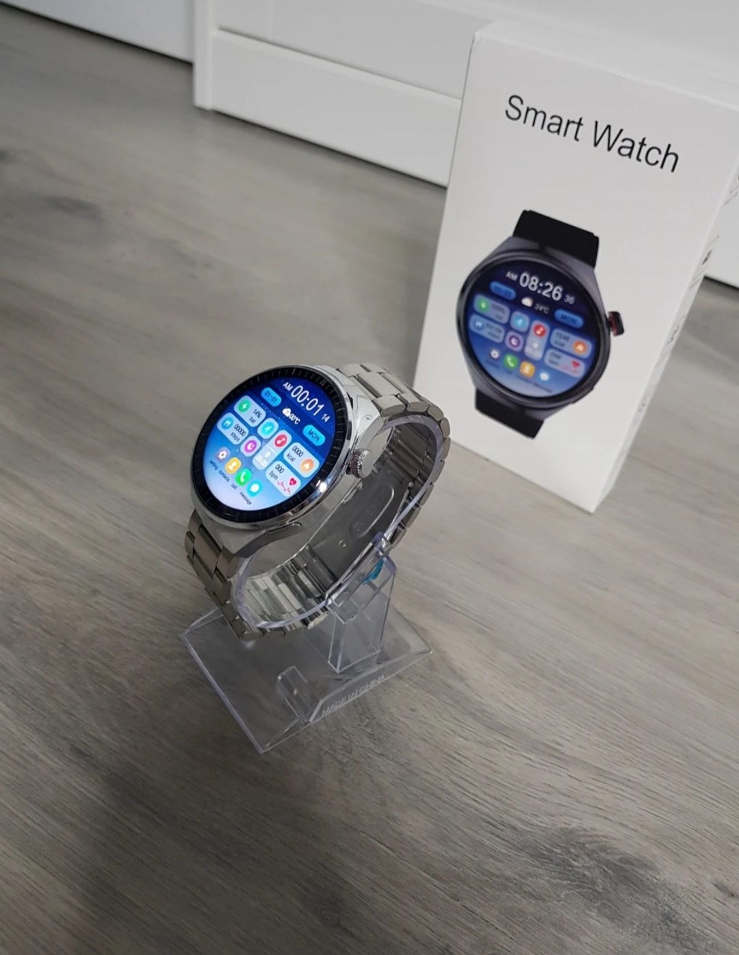 Smartwatch srebrny okrągły nowy komplet