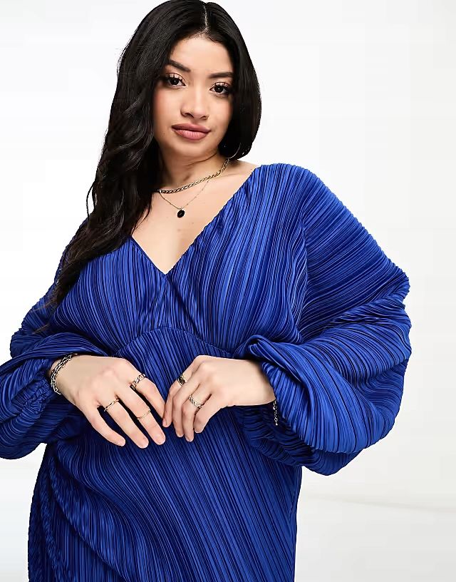 Asos Design 44 Xxl Niebieska Sukienka Curve Blouson Plisowana D1103