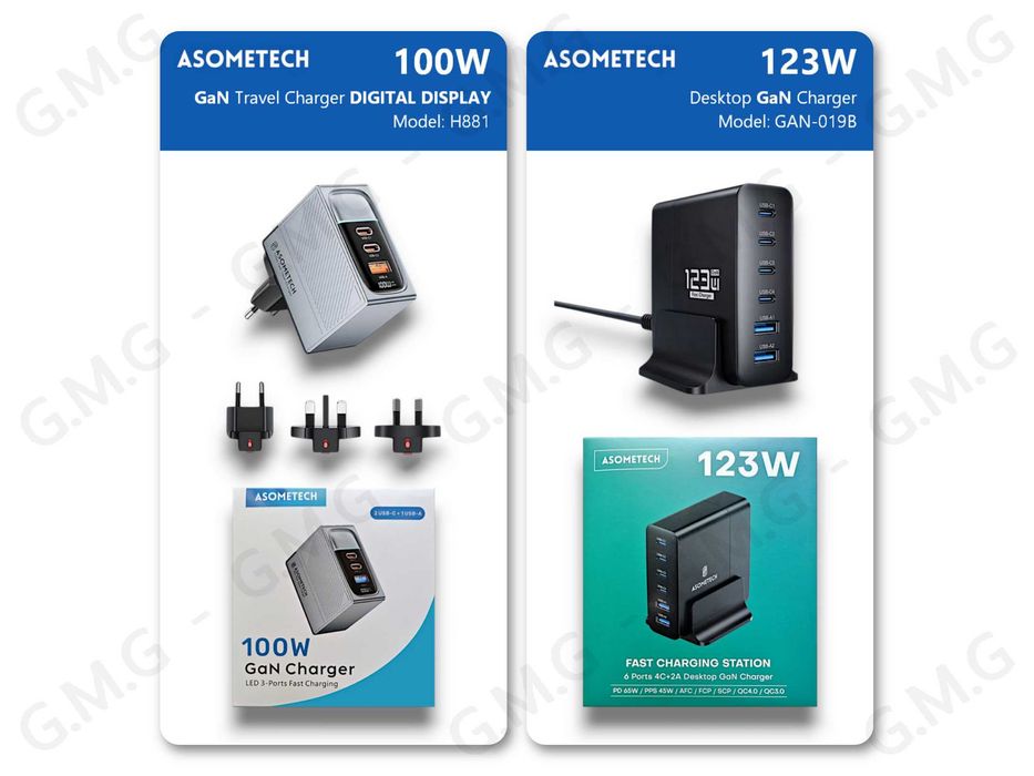 Зарядні пристрої ASOMETECH 100W 2C+A (H881) / 123W 4C+2A (GAN-019B)
