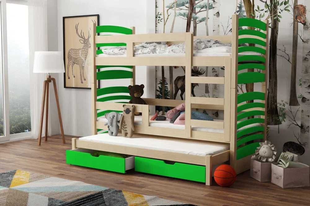 Piętrowe łóżko dziecięce dla 3 osób OLAF - szuflady - materace