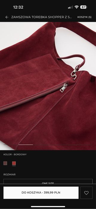 Torba shoperka zamszowa bordowa reserved nowa