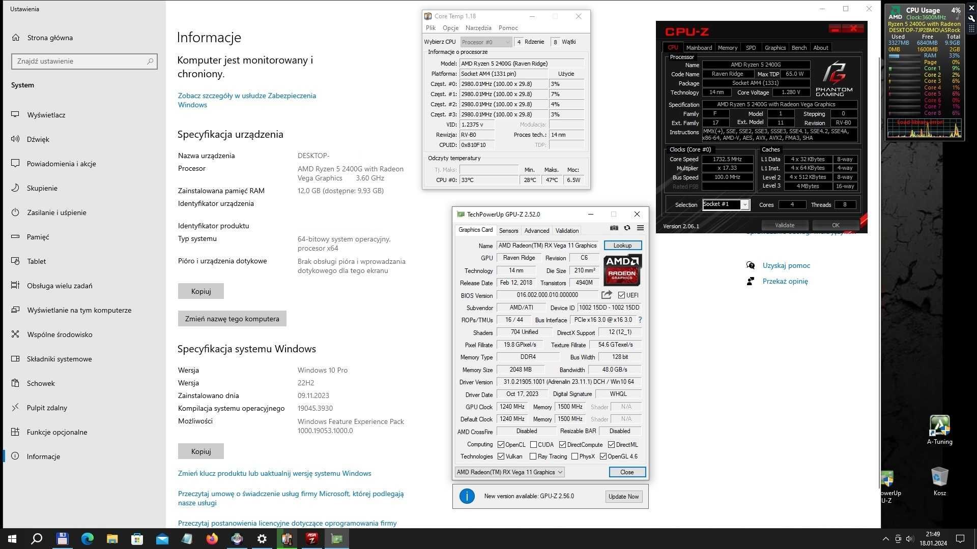 Komputer Ryzen5 2400G/12GB RAM/Vega/SSD Nvme