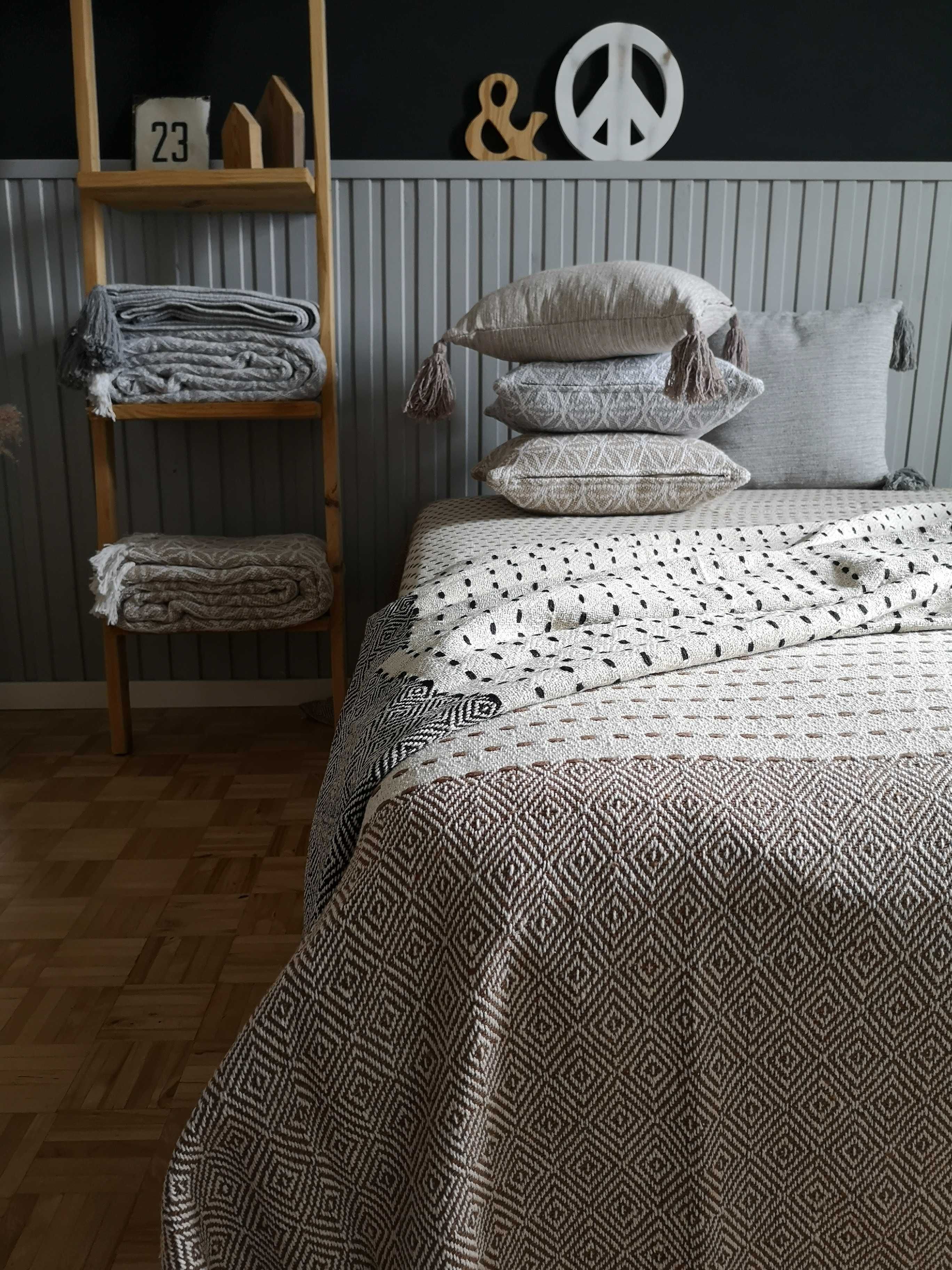 Narzuta bawełniana 200x220 etno nordic z frędzlami do sypialni brąz