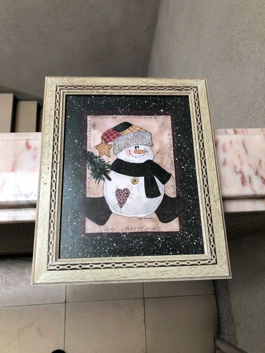 Quadro Natalício Boneco de Neve Moldura Castanha Clara Como NOVO