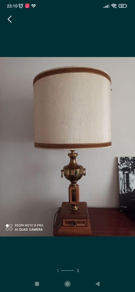 Lampa stołowa, duża, mosiężno- drewniana. Vintage
