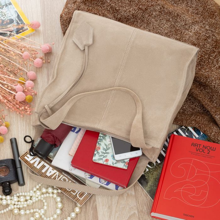 VERA PELLE torebka zamszowa shopper klasyczna na ramię V624 beżowa