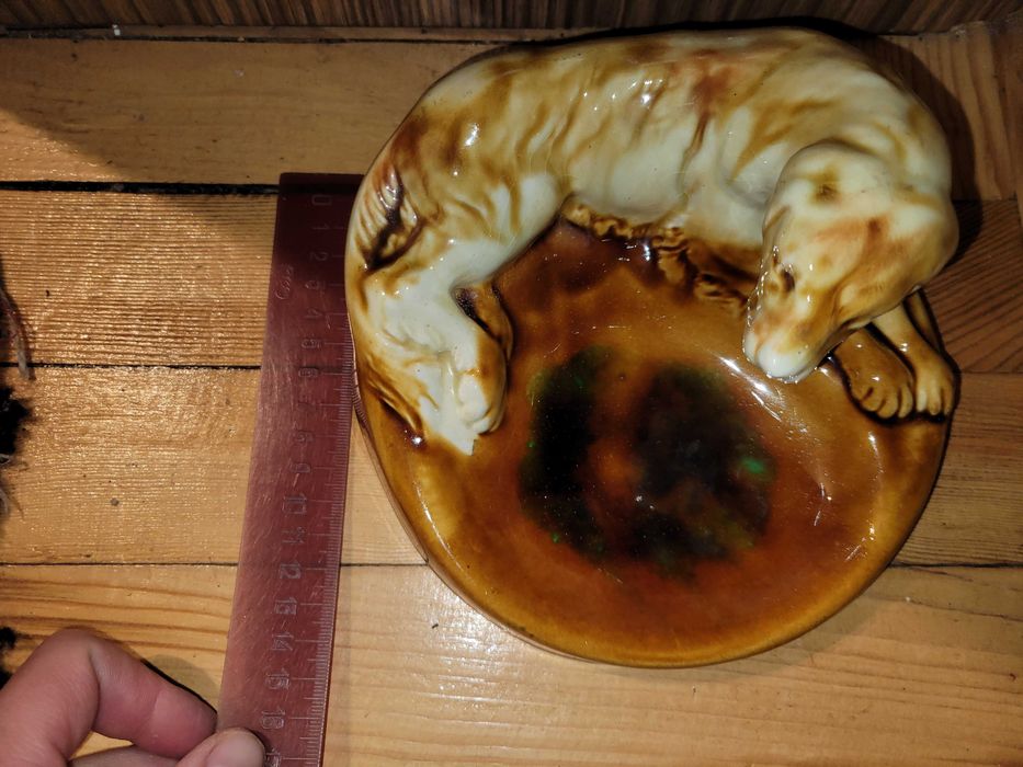 Статуэтка пепельница собака старая гежель, обливная керамика ссср