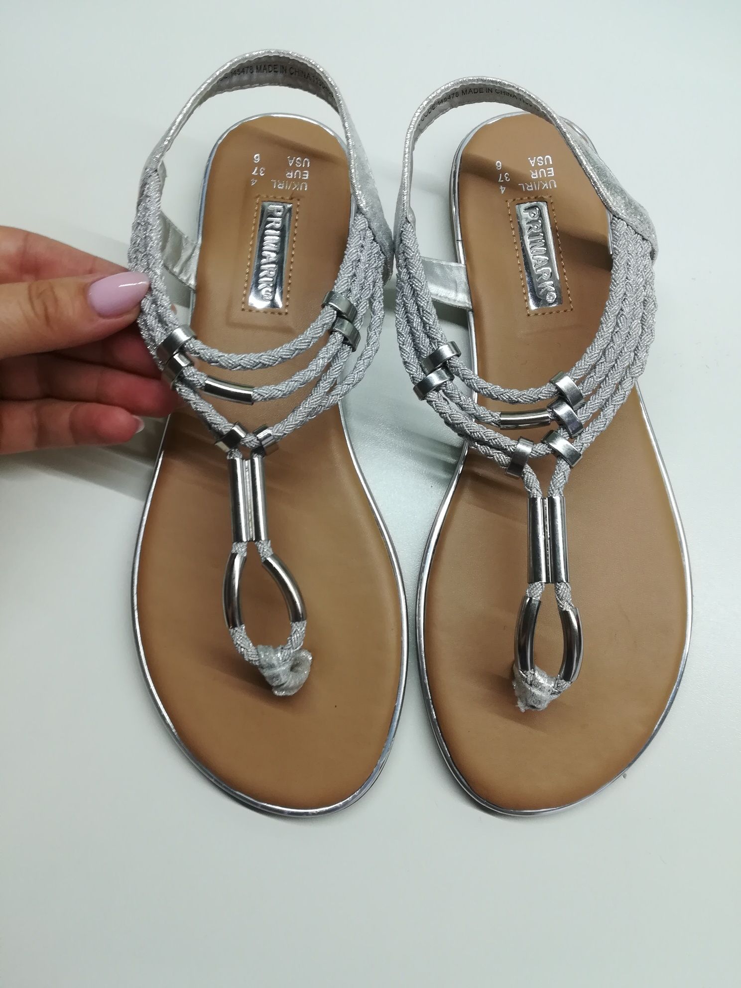 Nowe sandałki sandały primark 37 srebrne paski rzemyki japonki