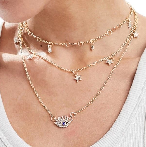 Naszyjnik Kaskadowy Choker Celebrytka Boho Oko Proroka Gwiazdy