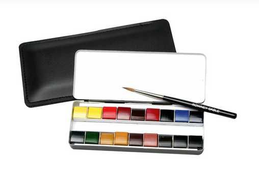 Daler Rowney Caixa metal 12 aguarelas mais muito material de desenho