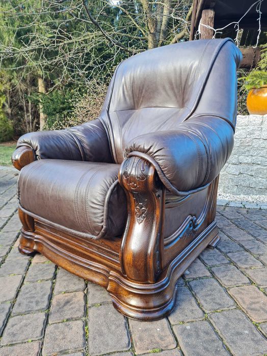 Skórzany masywny FOTEL na dębowym stelażu