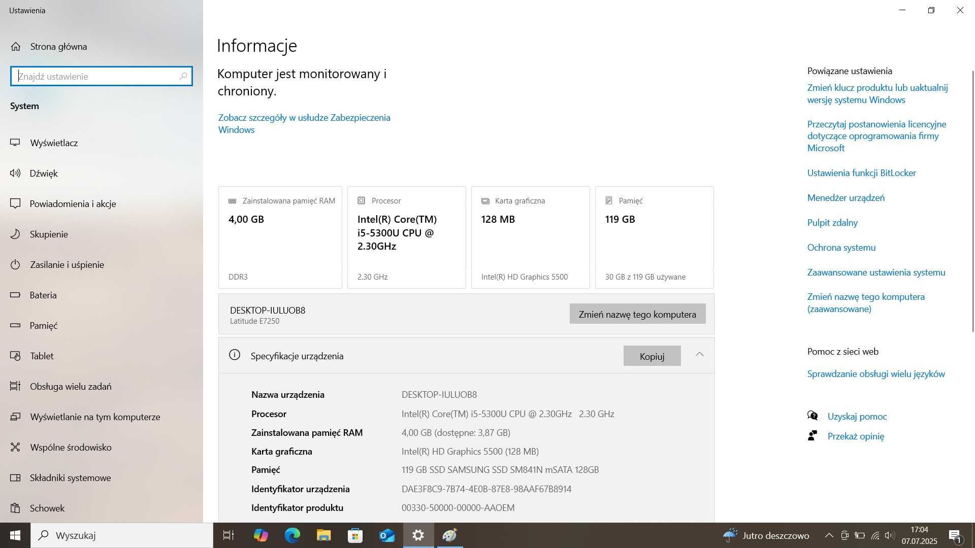 DELL E7250 + zasilacz, i5 5300U 2,3-2,9 GHz turbo, 4GB RAM, SSD 128 GB