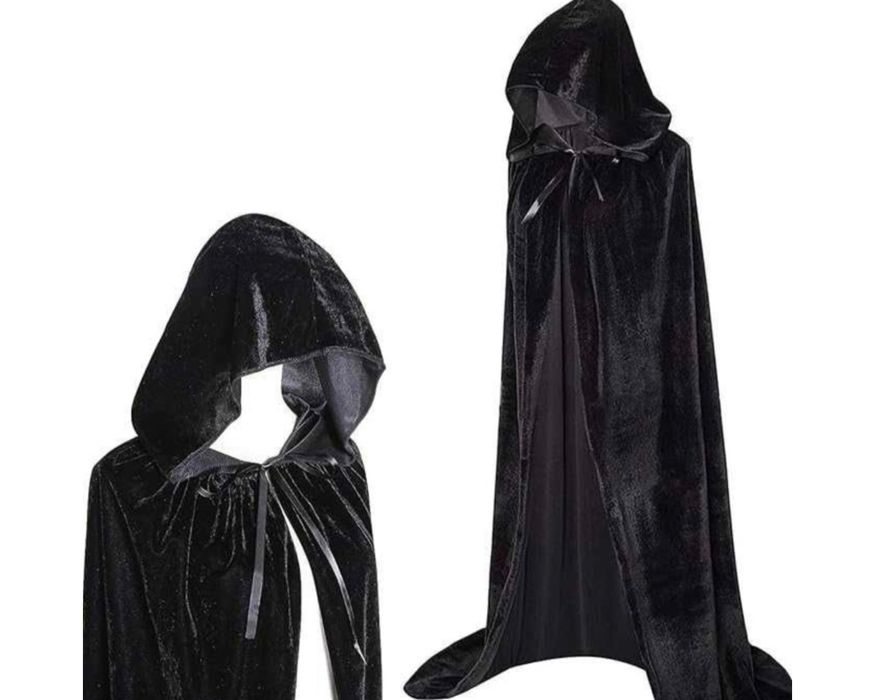 Czarna peleryna na Halloween z kapturem, aksamitna, 190 cm