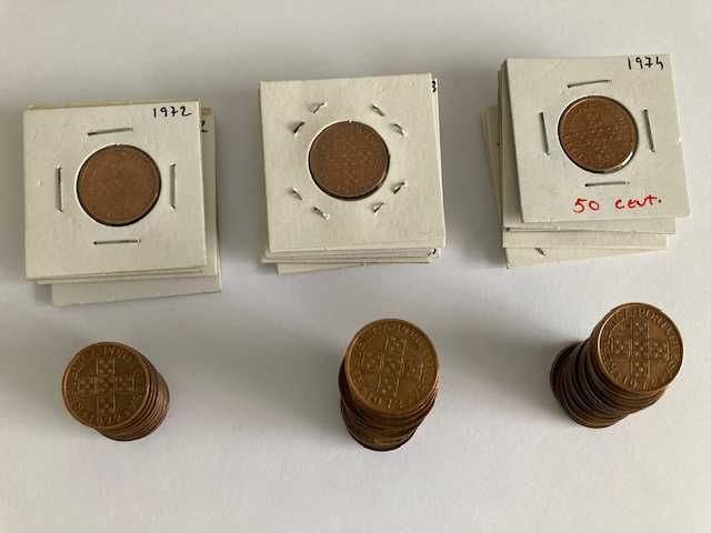 Lote de 178 moedas de Portugal, 50 centavos, bronze (de 1969 a 1979)