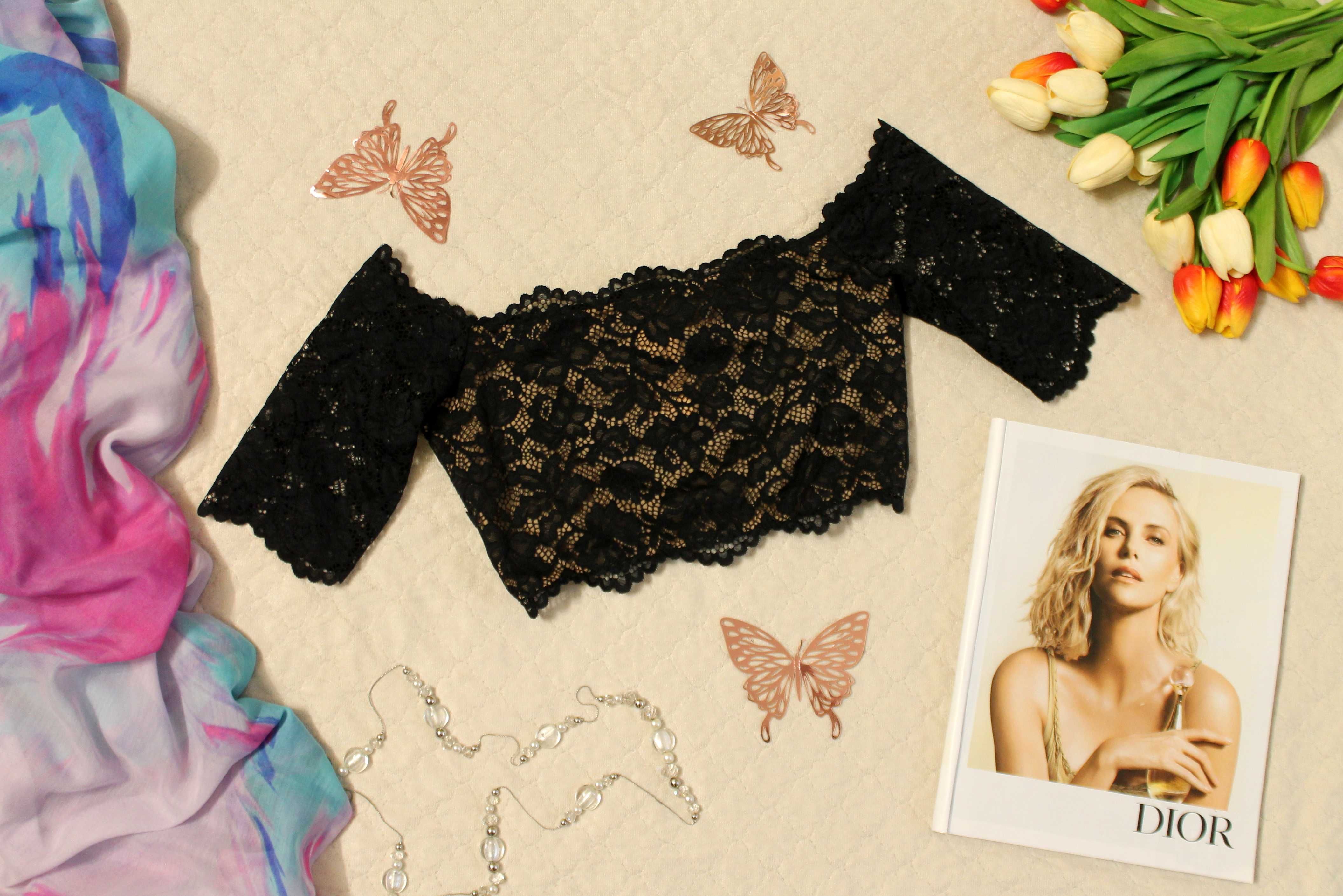 Tezenis Czarna koronkowa Hiszpanka Crop Top Odkryte Ramiona Nowa  XS/M