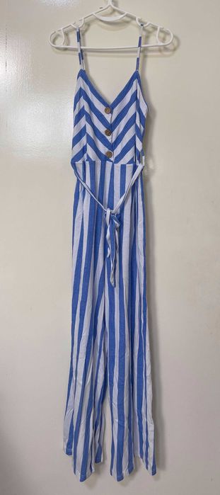 Macacão Algodão Riscas Azul Branco c/ cinto, M