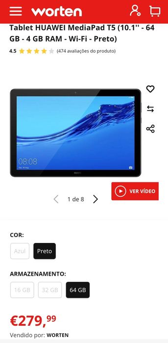 Tablet Huawei Matepad T5 4/64 Caixa e Capa.289€ na Worten.Chamadas 4G