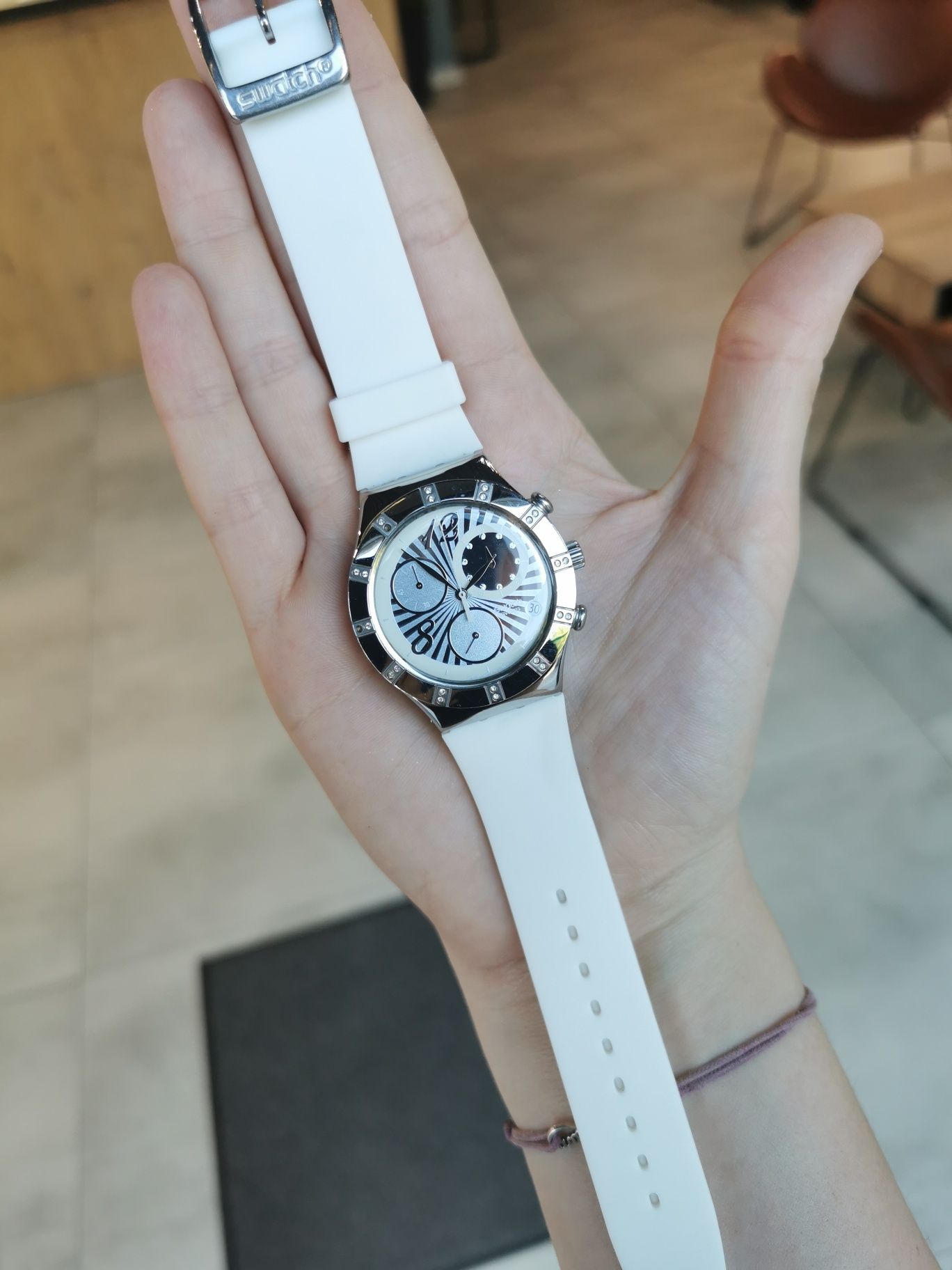 Zegarek swatch irony chrono srebrny biały zadbany nowy pasek