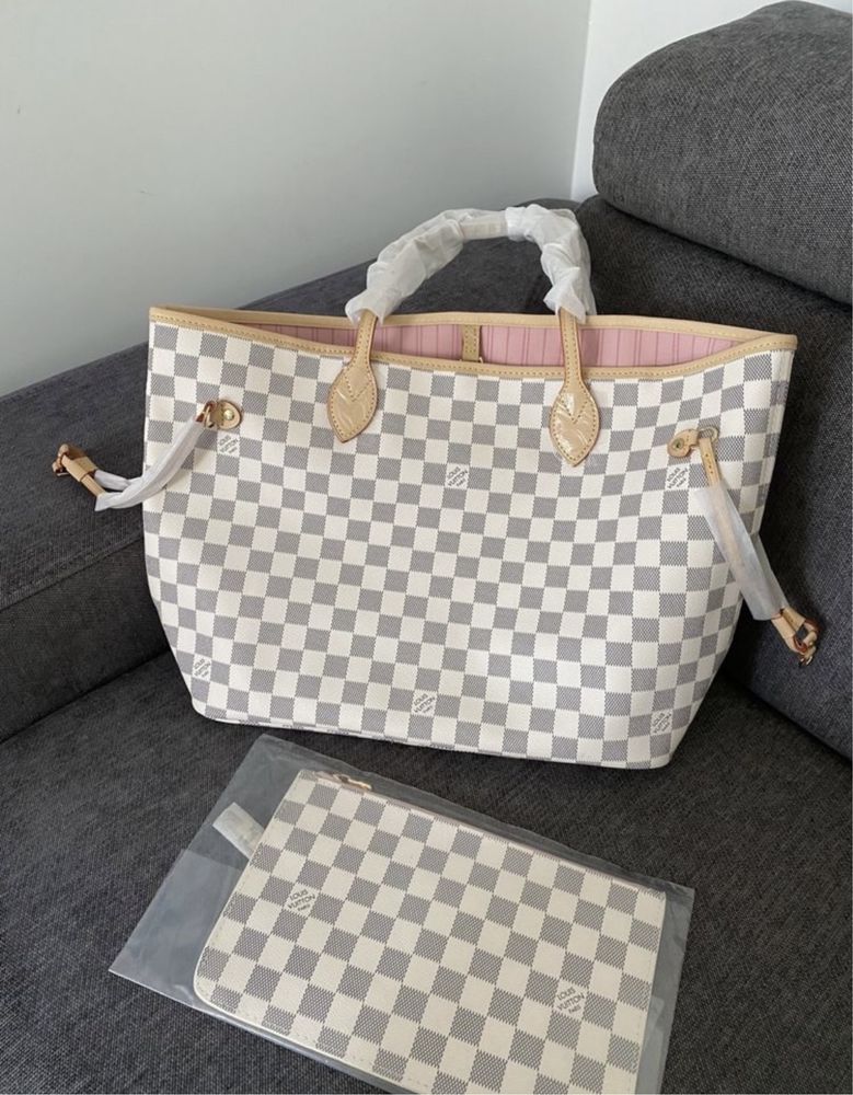 Torebka Louis Vuitton Neverfull MM biala kratka damier azur skóra