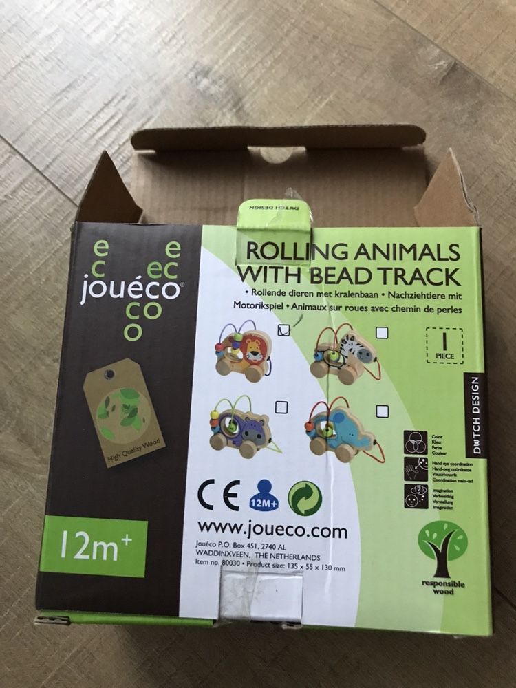 Lew drewniany Joueco 12m+ sensoryczna rolling animals with bead track