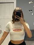 Beżowy Crop top bluzka z nadrukiem