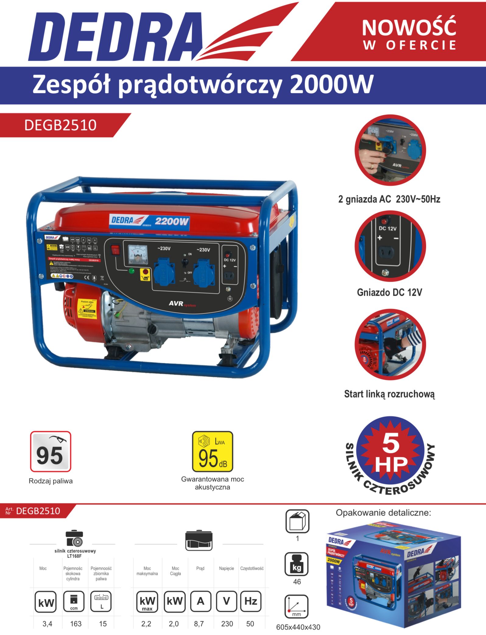 Agregat Prądotwórczy, Dedra Degb2510  2,2Kw, 2200W, Moc 2Kw 2000W