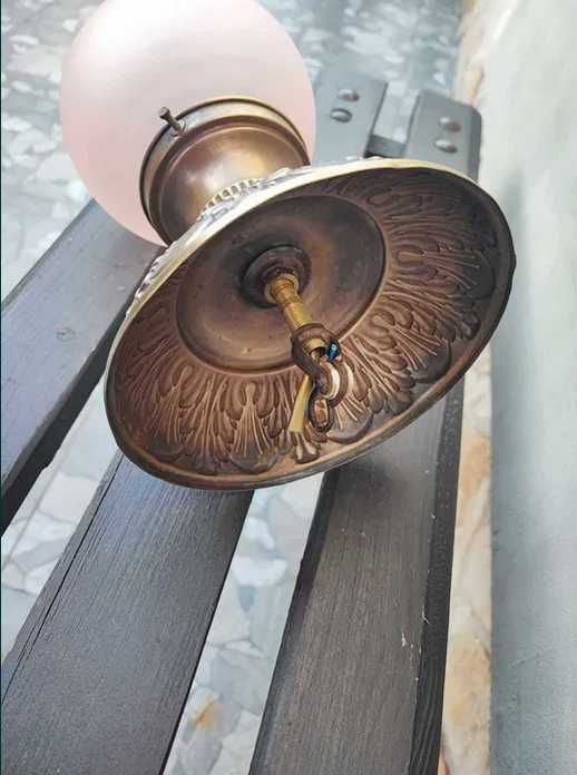 Art deco mosiężny plafon,lampa,klosz różowy