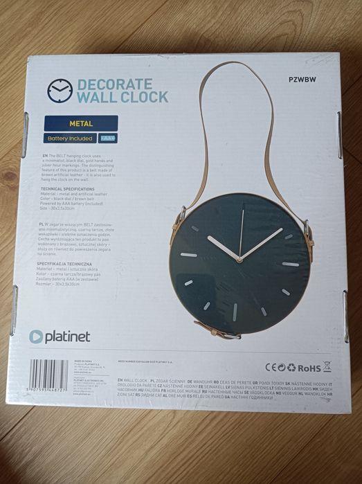 Zegar ścienny na pasku wiszący loft nowoczesny czarny Platinet belt
