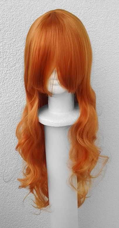 Ruda falowana pomarańczowa długa peruka z grzywką rudy cosplay wig