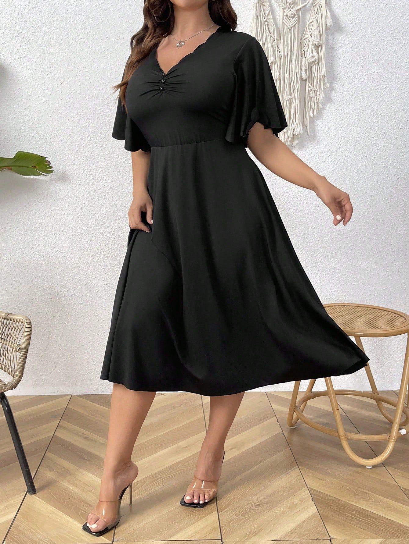 Sukienka Midi Rozkloszowana Elegancka Wizytowa Czarna Shein 4Xl 48