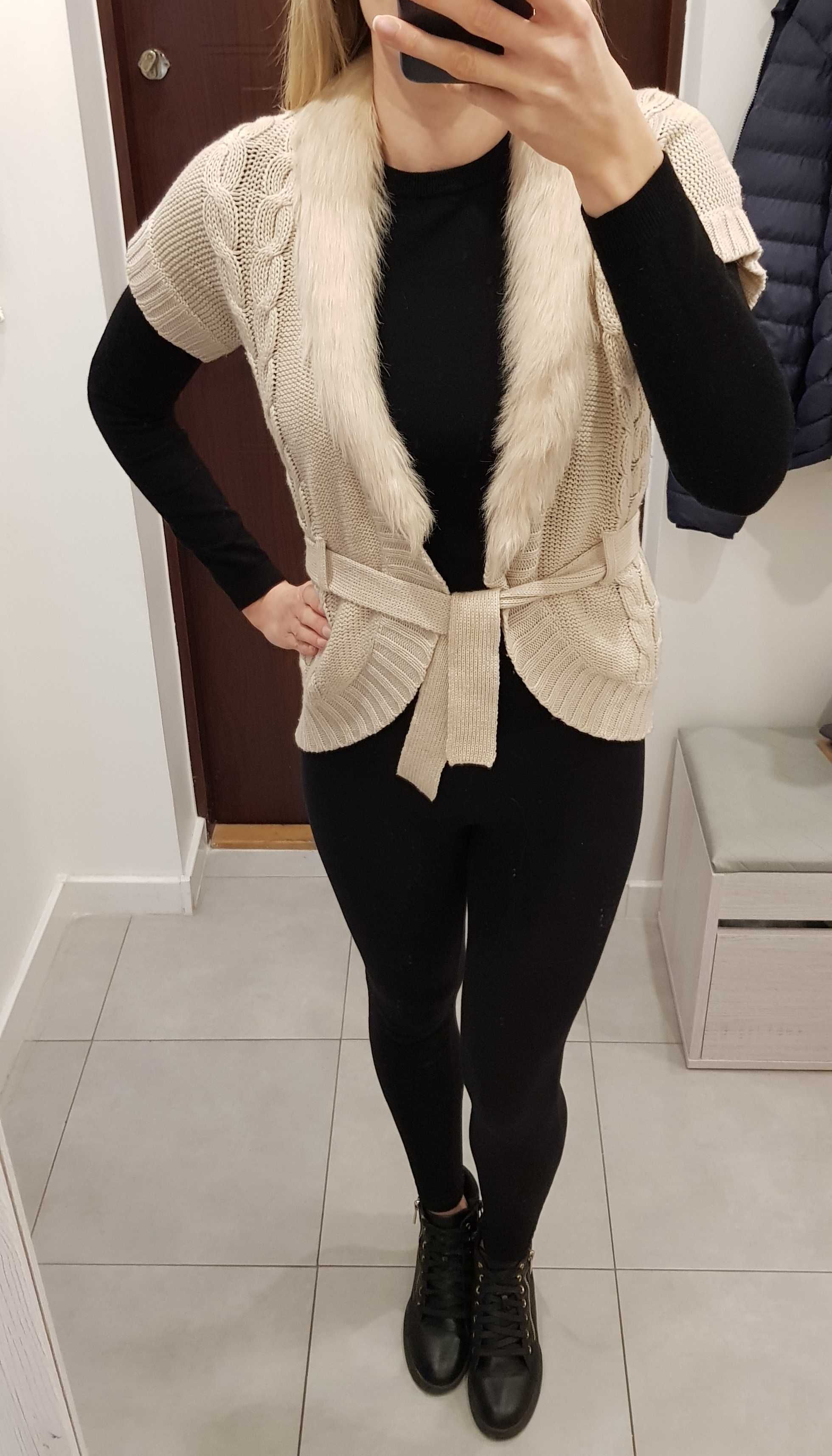 Sweter, kardigan beżowy, sweter z futerkiem, marka F&F, rozmiar S/M