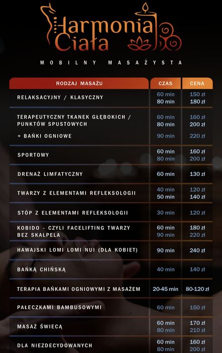 Masaż klasyczny, terapeutyczny, Kobido, lomi lomi, tkank glebokich