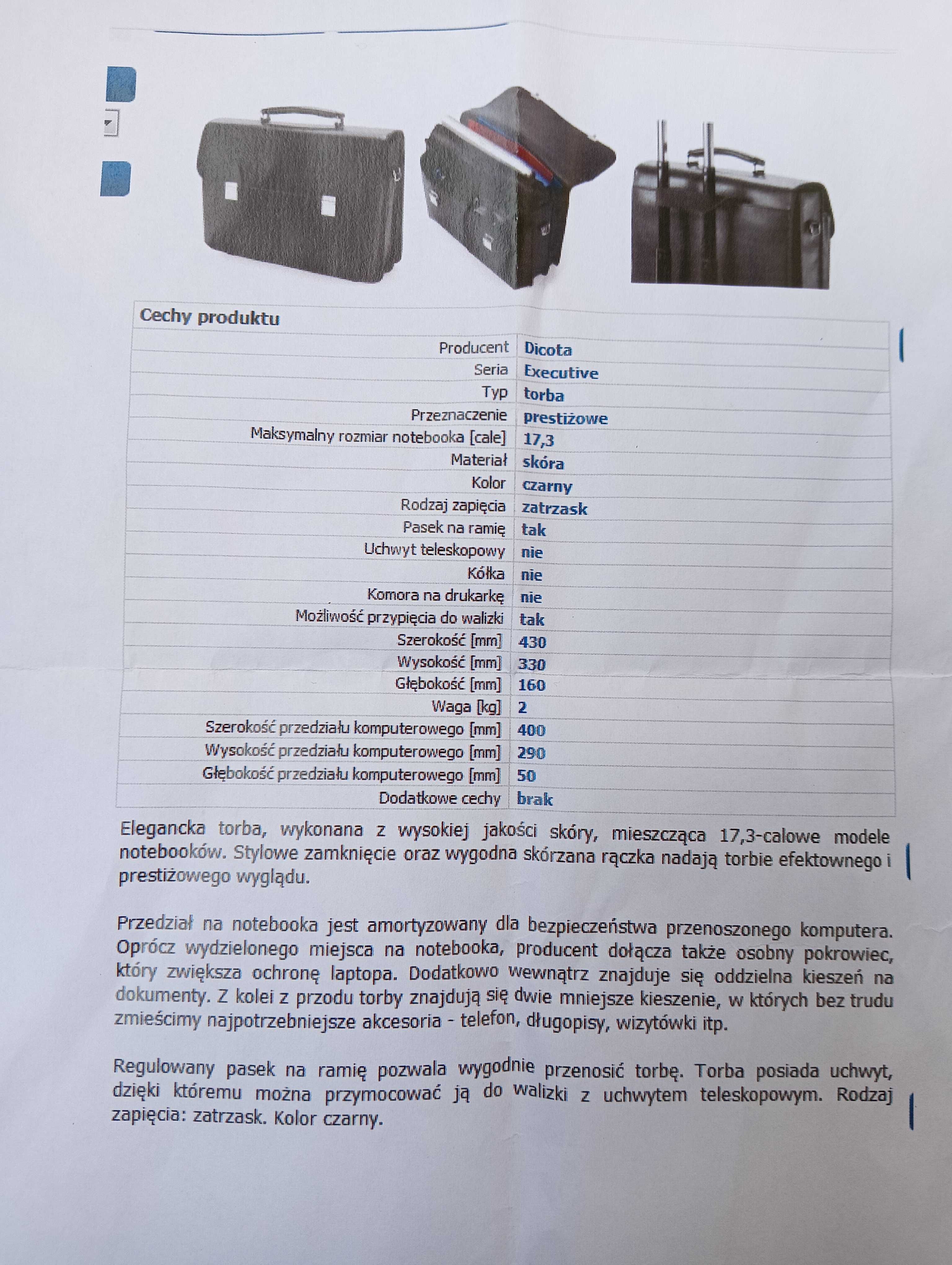 torba na laptopa 17,3" czarna skórzana z dodatkowym wyposażeniem, nowa