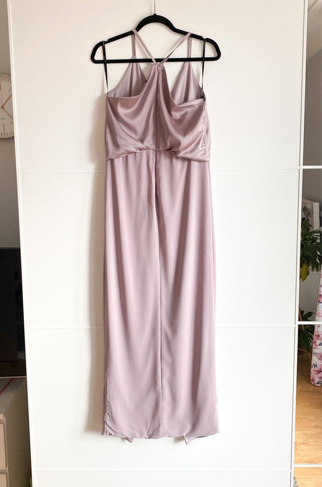 Liliowa długa sukienka na wesele rozmiar L marka TFNC Asos z rozcięcie