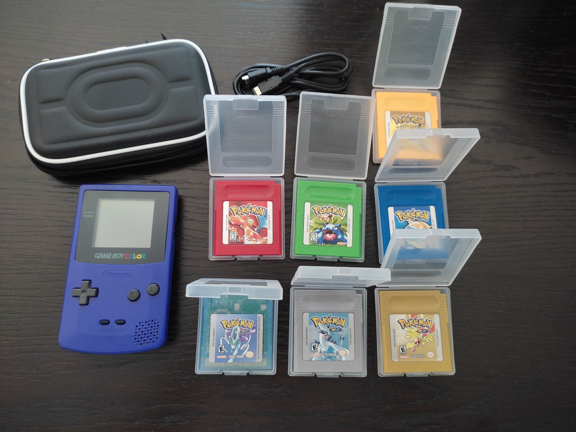 Pack Gameboy color roxo com 7 jogos Pokémon cabo link e bolsa
