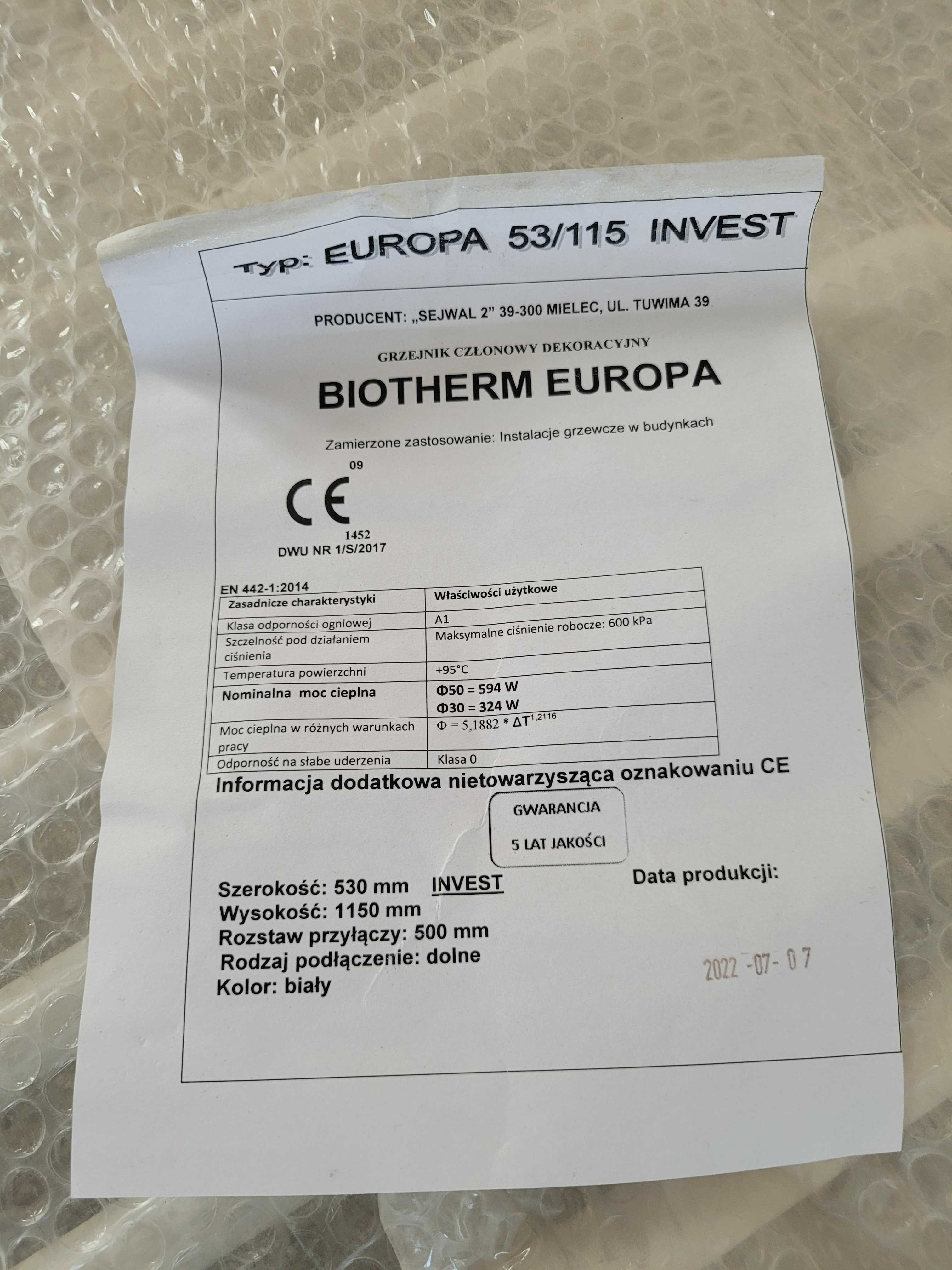 grzejnik łazienkowy BIOTHERM EUROPA 53/115