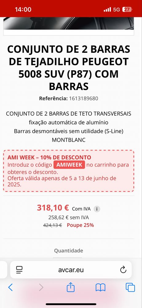 Barras tejadilho peugeot 5008 e 3008 originais