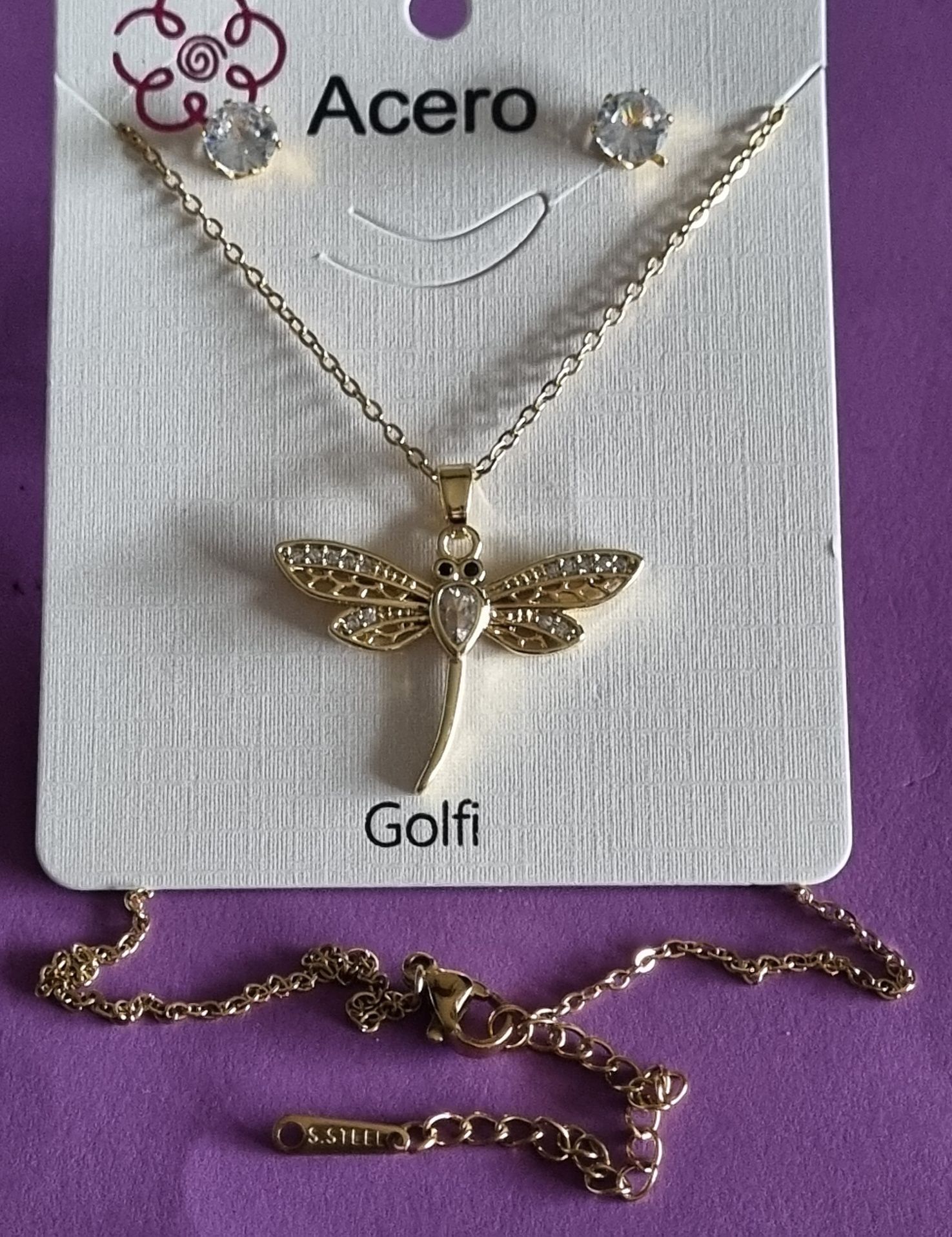 Conjunto dourado (colar e brincos), em aço, com  libelinha.