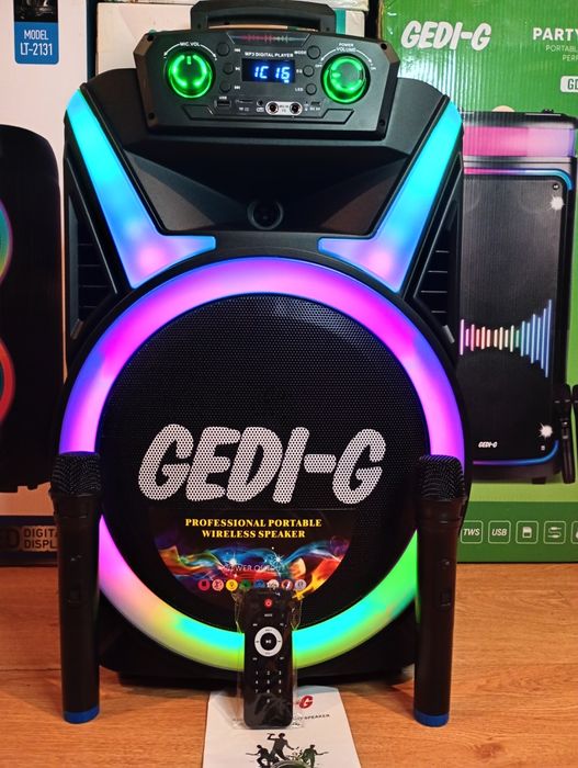 Караоке акустика GeDi-15(блютуз,SD,USB, FM) ПультДУ, 2микрофона