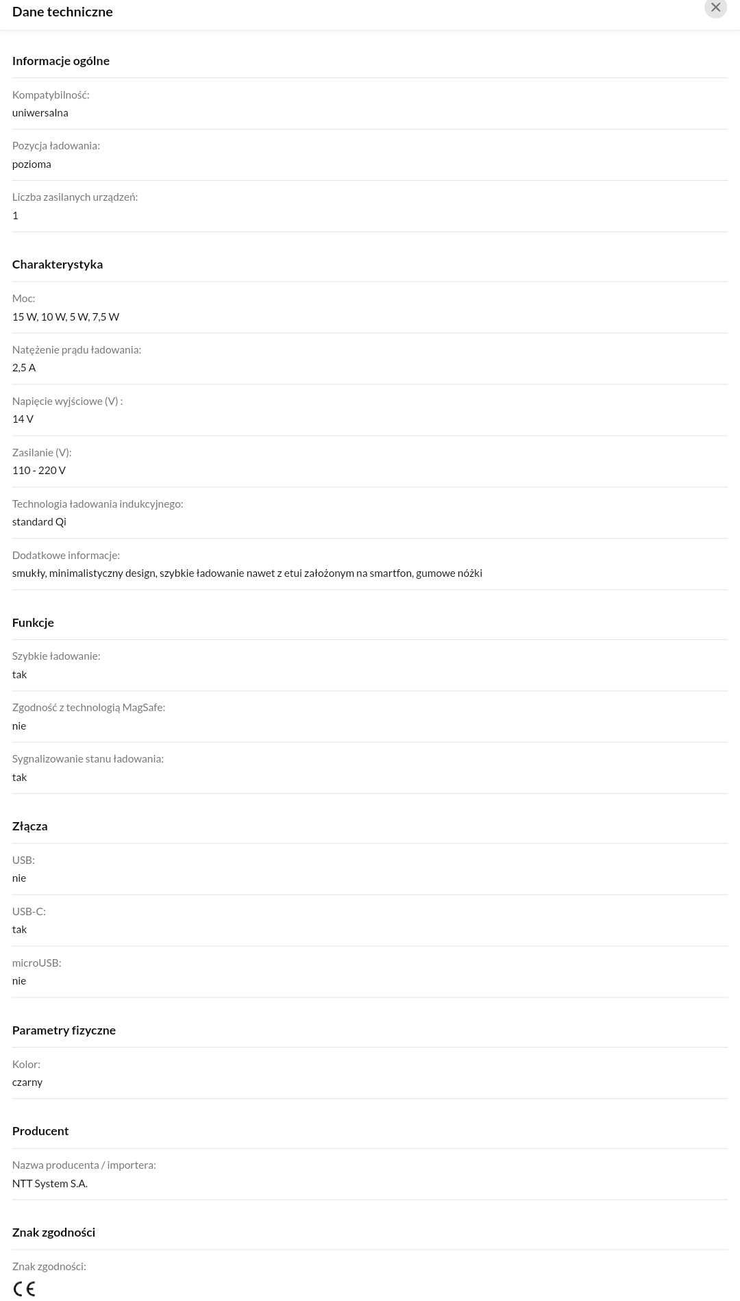 Ładowarka indukcyjna INFINIX XWC01 15W Czarny