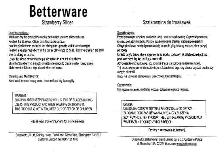 Krajarka, krajalnica szatkownica do truskawek Betterware