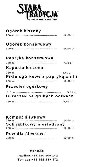 Ogórki kiszone/ konserw./papryka konserw./pikle ogórkowe/ sok malinowy