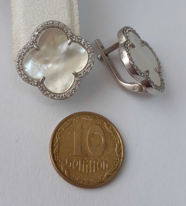 Срібні сережки комплект Van Cleef з перламутром  925 проба Ван Клиф