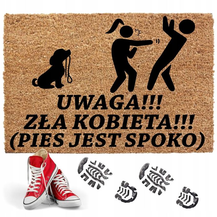 Wycieraczka pod drzwi gruba 60x90cm mata do butów ZŁA KOBIETA PIES