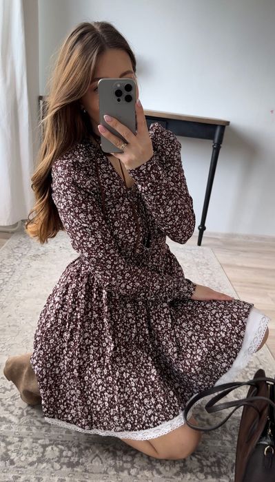 Brązowa czekoladowa krótka sukienka w kwiatki wiązana boho 38 M