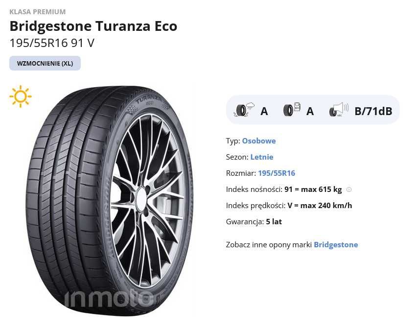 Opony Letnie Bridgestone Turanza 195/55/16  Jak Nowe Gwar. do 05/2026