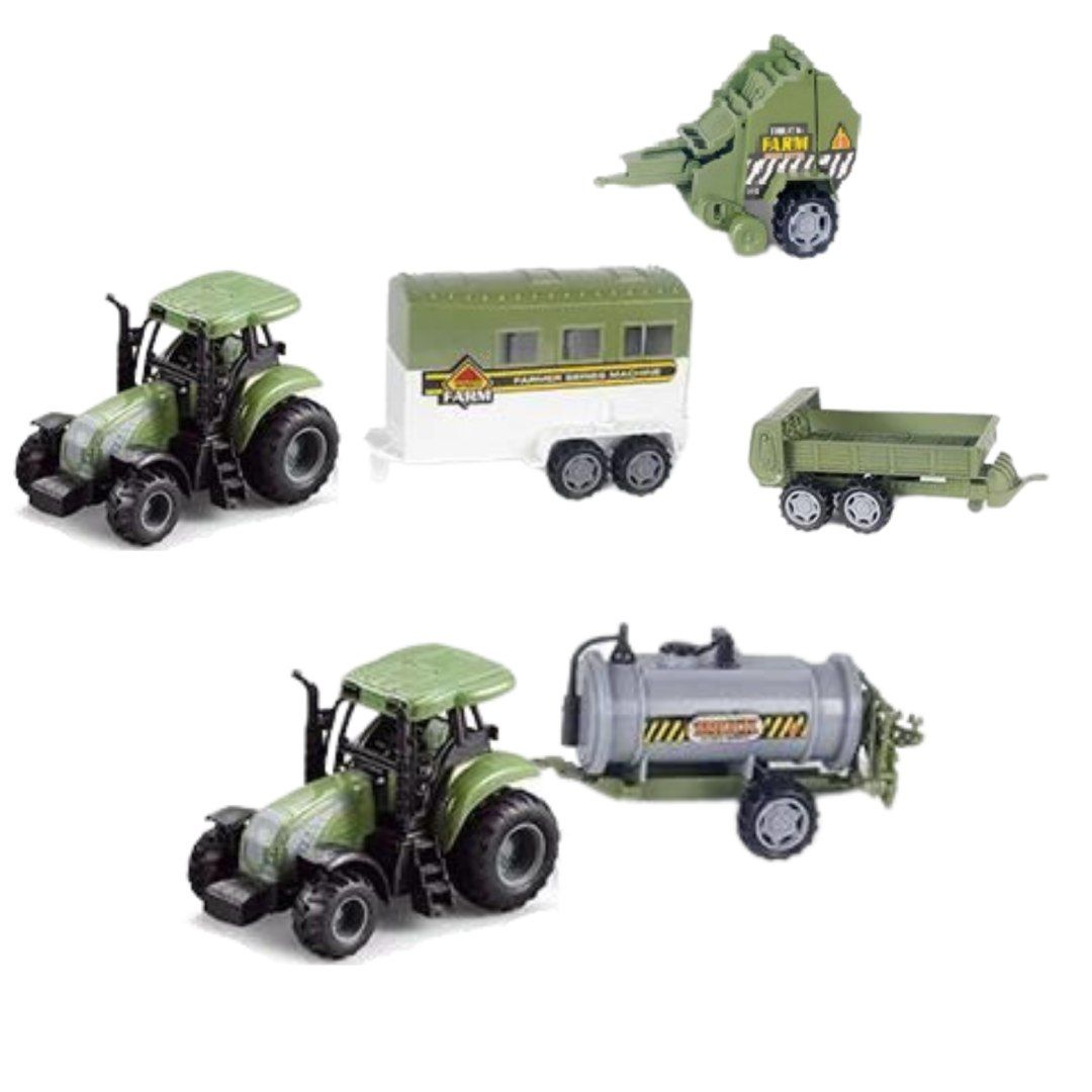 zestaw farma dwa traktory rolnicy gospodyni zwierzęta domek rolnika