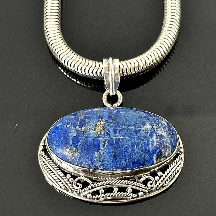 Srebrny artystyczny naszyjnik z Lapis lazuli ręcznie wykonany próba925