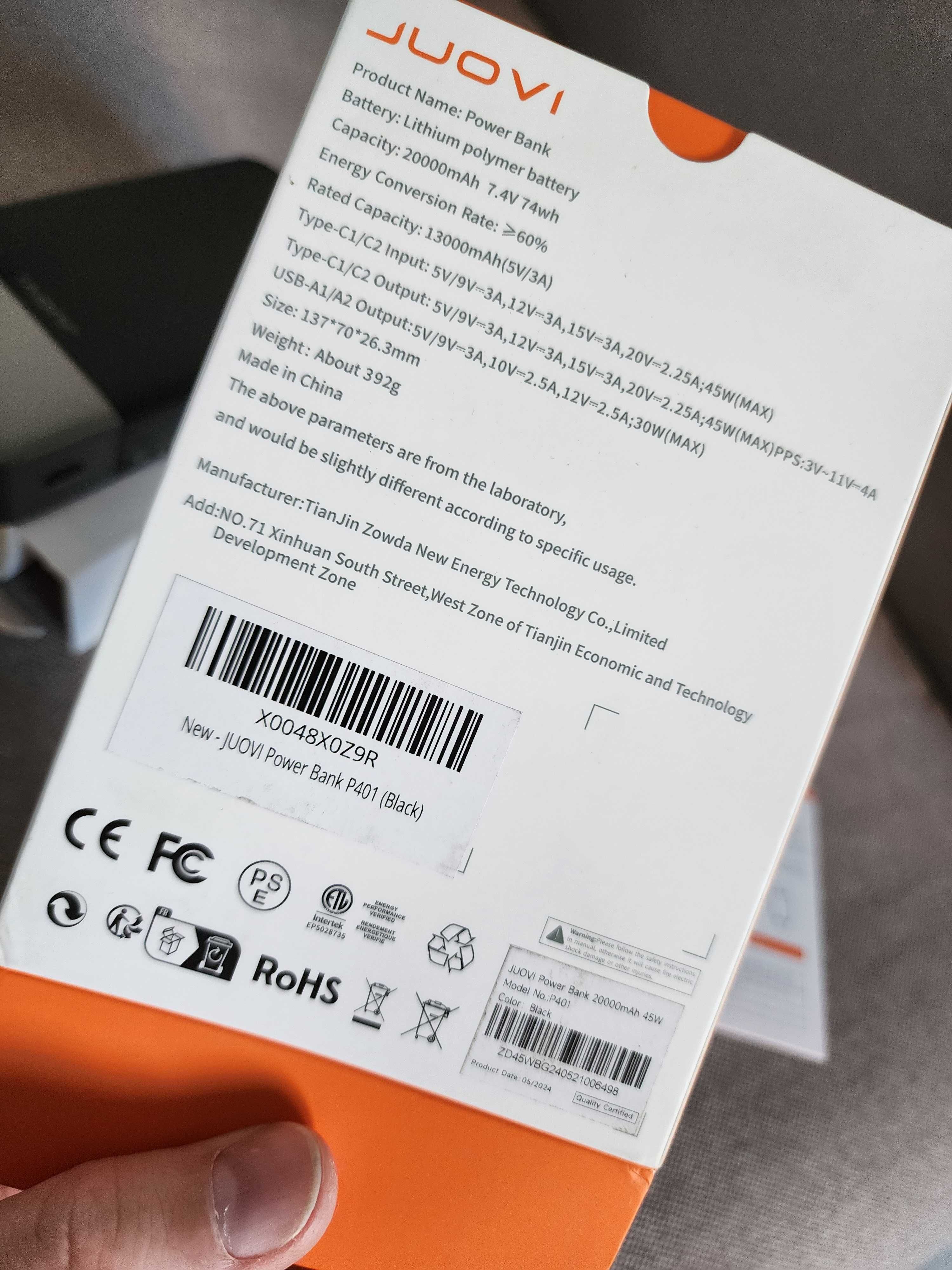 J2621 PowerBank 20000mAh 45W PD 3.0 QC 4.0 Fast Charging Нова